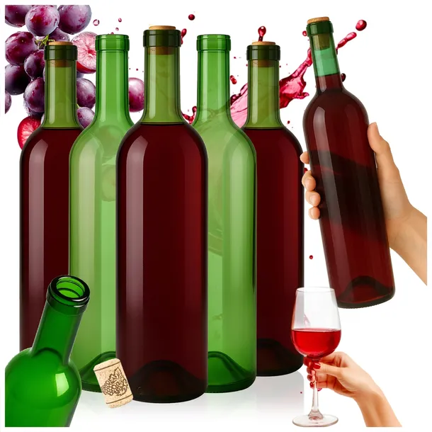 15x Klasyczne butelki do WINA Bordeaux 750 ml ZIELONE zestaw z KORKAMI
