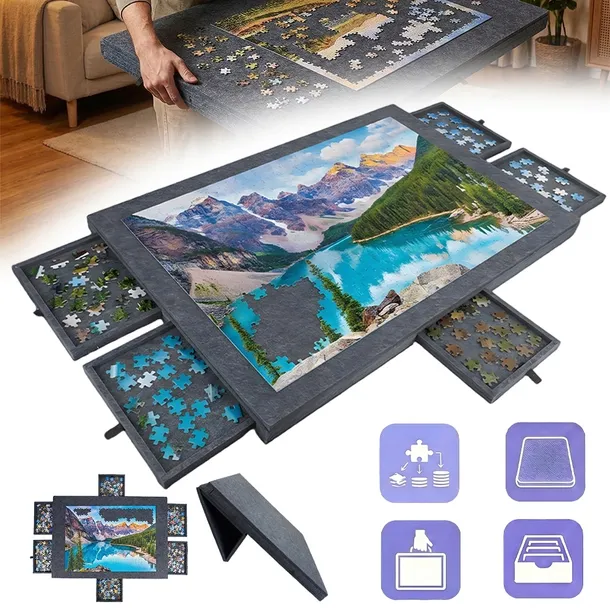 PRZENOŚNY STÓŁ DO UKŁADANIA PUZZLI, STÓŁ FILCOWY DO PUZZLI Z 6 SZUFLADAMI