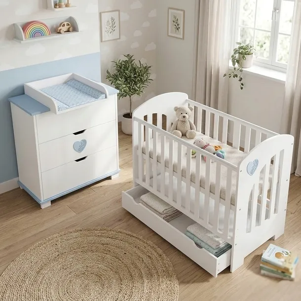 ZESTAW HEART Komoda z przewijakiem Łóżeczko 120x60 z szufladą i barierką |N