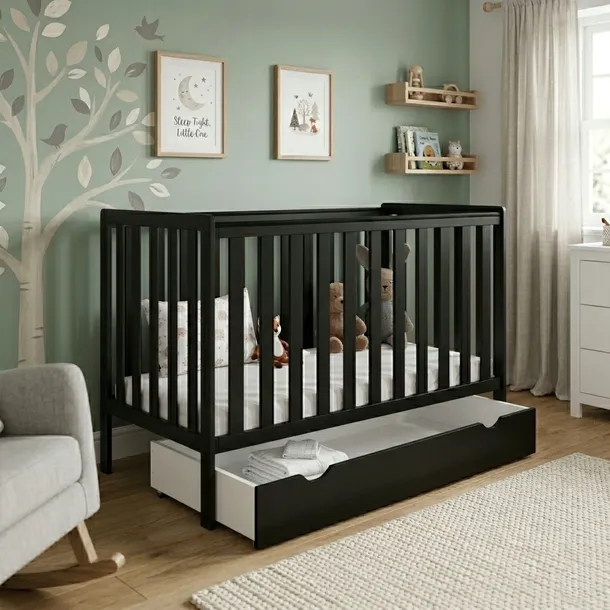Czarne łóżeczko BAMBI 2w1 120x60 z szufladą barierką i opcją tapczanika