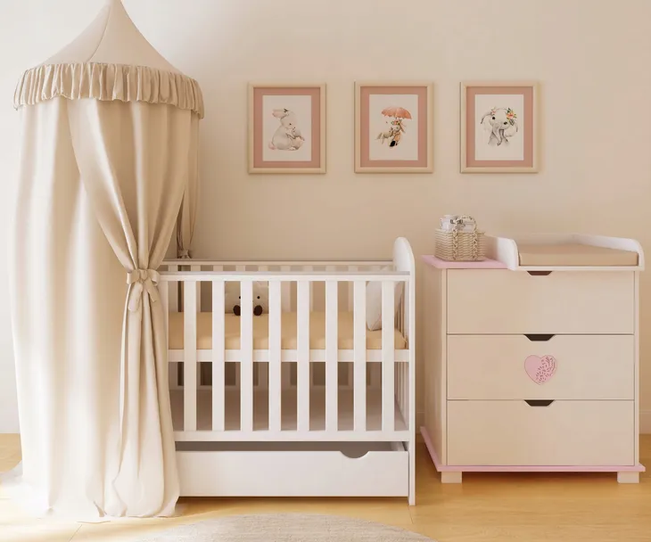 ZESTAW HEART Komoda z przewijakiem Łóżeczko 120x60 z szufladą i barierką |R