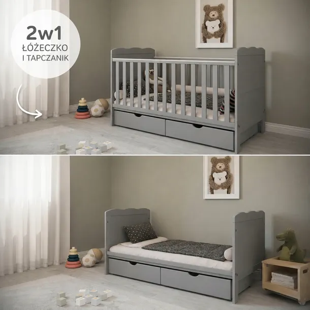Łóżeczko / Tapczanik ISABEL 2w1 140x70 + 2 szuflady : SZARE