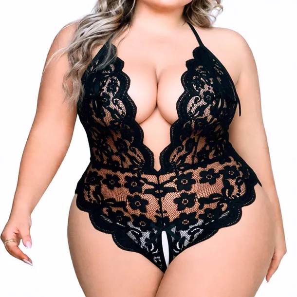Czarne Body Koronkowe Plus Size Seksowna Bielizna Damska Z Dekoltem XXL 3XL