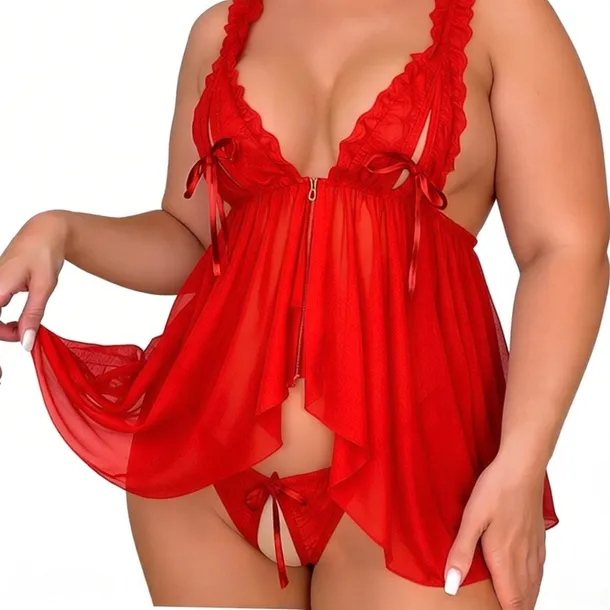 Czerwony Sexi Babydoll Bielizna Erotyczna Koszula Nocna Komplet PLUS SIZE