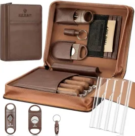 2x-etui-skorzane-na-cygara-podrozne-z-zestawem-akcesoriow-i-humidorem