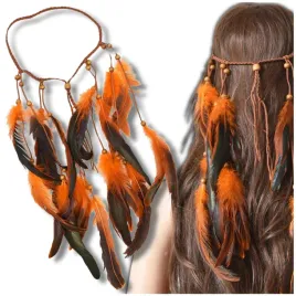 pomaranczowa-opaska-boho-z-piorkami-i-rzemykiem-idealna-na-festiwale-i-lato