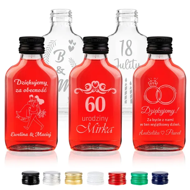 50x PIERSIÓWKA 100 ml z GRAWEREM BUTELKI na BIMBER WÓDKĘ NALEWKI URODZINY