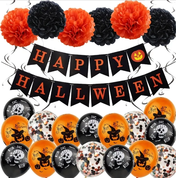 BALONY HALLOWEEN ZESTAW DEKORACYJNY DYNIE PAJĄKI PAJĘCZYNY WSTĄŻKI NAPIS