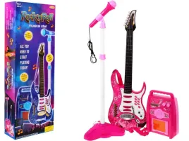 gitara-elektryczna-wzmacniacz-rozowa-ze-strunami-mikrofon-i-wzmacniacz