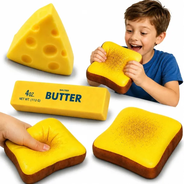 Zestaw 3 Gniotków Squishy Tost Ser Masło Antystresowe Sensoryczne Miękkie