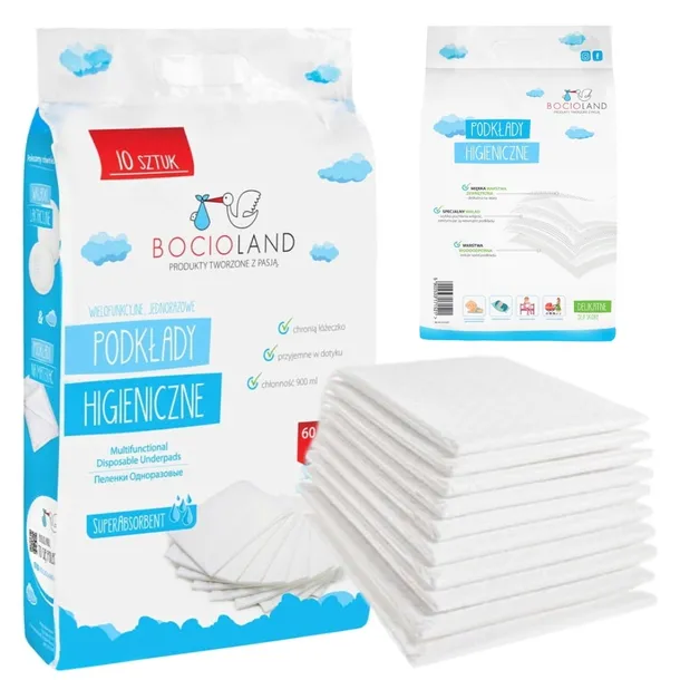 DUŻE PODKŁADY DO PRZEWIJANIA HIGIENICZNE BOCIOLAND 10 SZTUK 60X90 CM 90x60