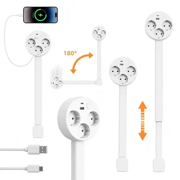 Przedłużacz Obrotowy 360 Gniazdami USB-A i USB-C TK-85 Rozgałęźnik Sieciowy