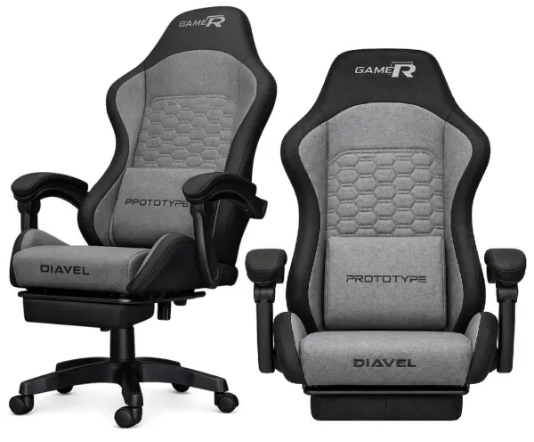 Fotel gamingowy biurowy DIAVEL z tkaniny PREMIUM odchylane oparcie podnóżek