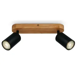 lampa-sufitowa-spot-gu10-2-punktowa-czarna-drewno-regulowana-salon-korytarz