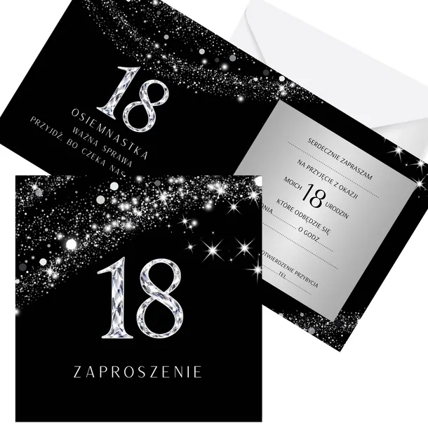 Zaproszenia na 18 Urodziny Osiemnastkę SREBRNY PYŁ + koperta GRATIS