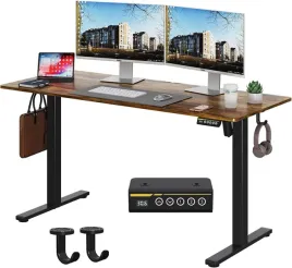 biurko-elektryczne-regulowana-wysokosc-brazowe-z-uchwytami-140x60cm