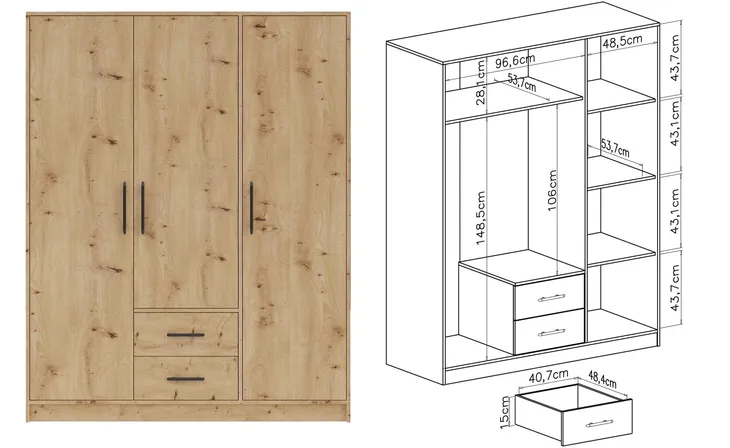 szafa-uchylna-meblar-smart-150-cm-dab-artisan-trzydrzwiowa-2-szuflady-glebokosc-mebla-56-cm