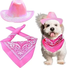 kapelusz-kowbojski-dla-psa-bandana-kostium-jasnorozowy-blyszczacy