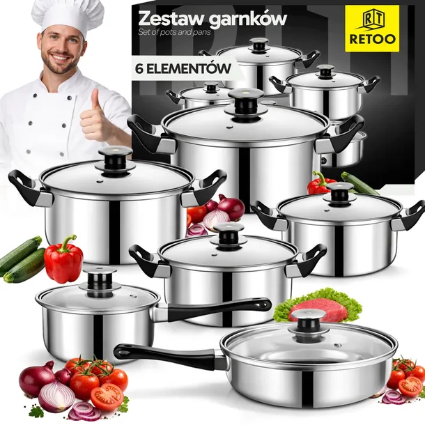 ZESTAW GARNKÓW KUCHENNYCH STALOWYCH PATELNIA KOMPLET 12 ELEMENTÓW POKRYWKI