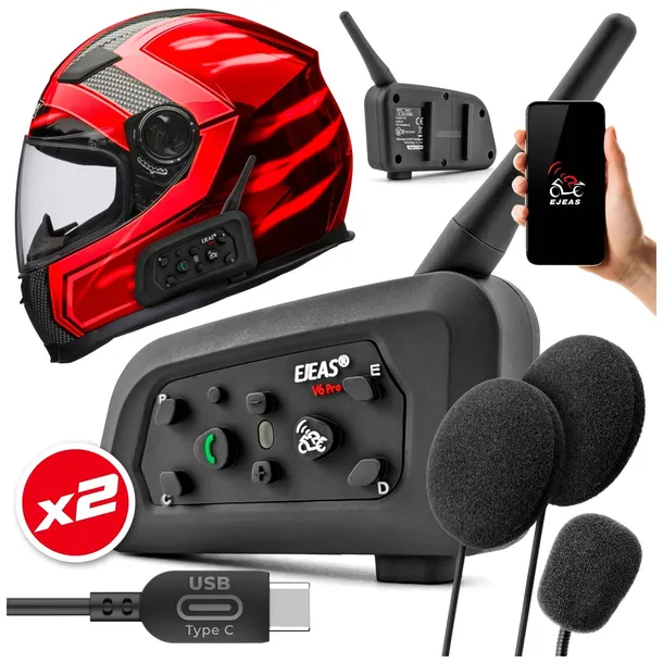 Interkom Motocyklowy Ejeas V6 Pro+ Plus 2 Kaski USB-C Bluetooth Aplikacja