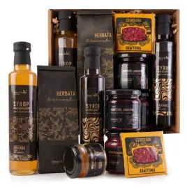 zestaw-kosz-prezentowy-syrop-pomaranczowy-karmelowy-herbata-konfitury-miod