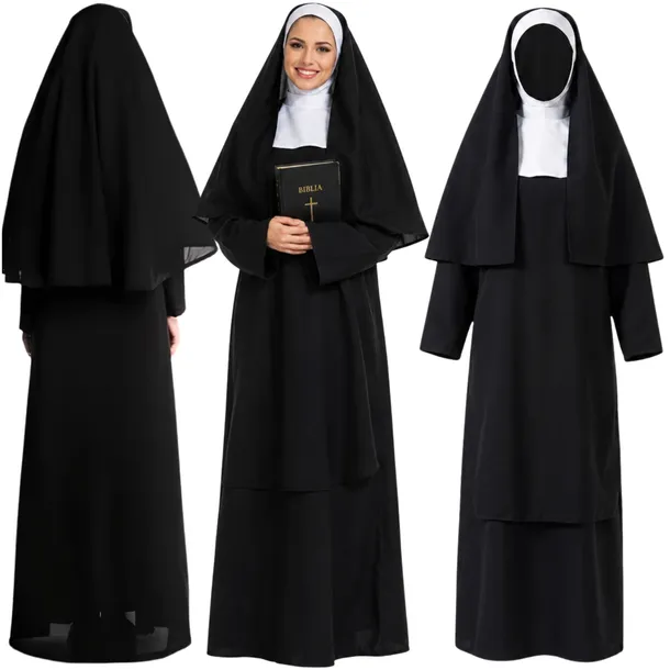 STRÓJ KOSTIUM ZAKONNICA PRZEBRANIE ZAKONNICY CZARNY HABIT HALLOWEEN XL