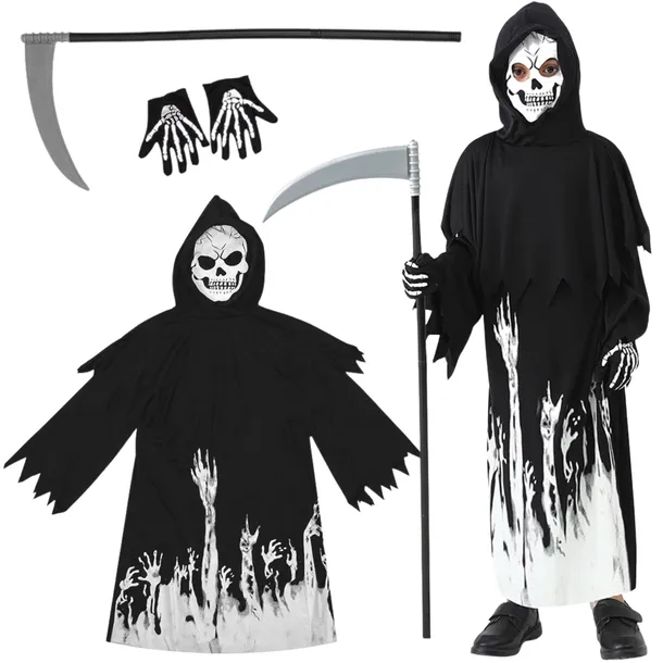 KOSTIUM ŚMIERCI STRASZNE PRZEBRANIE ZOMBIE KOSA RĘKAWICZKI HALLOWEEN L