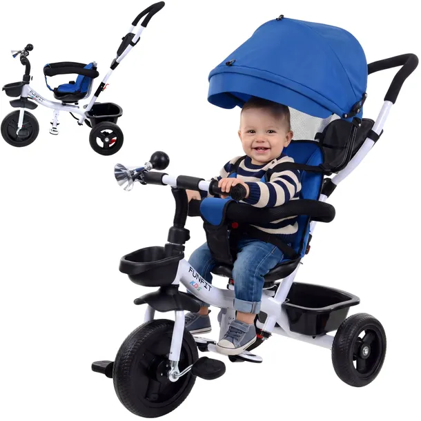Rowerek trójkołowy spacerowy dla dzieci Funfit Kids niebieski z trąbką