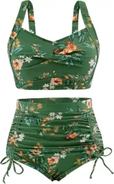 bikini-damskie-z-wysokim-stanem-zieone-kwiaty-xxl