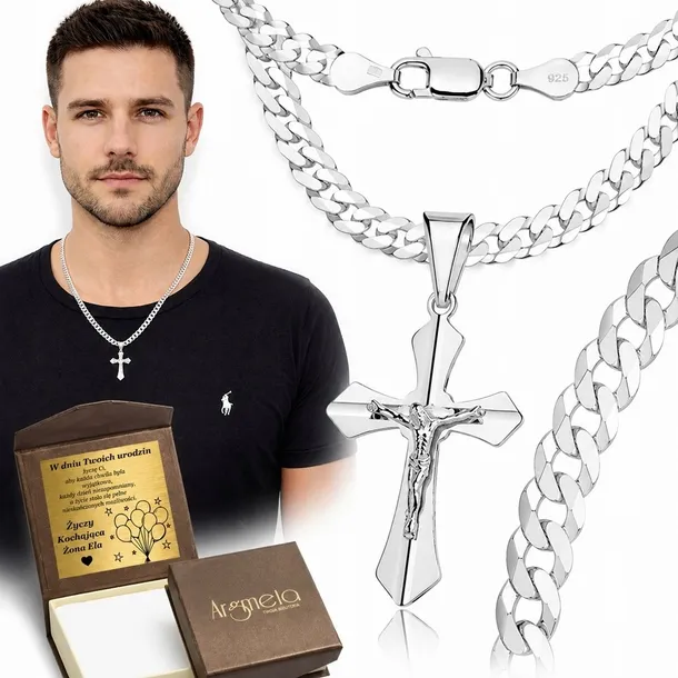 Łańcuszek Srebrny Męski Pancerka 5,00 mm z Krzyżykiem pr 925 Grawer Gratis
