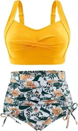 bikini-stroj-kapielowy-wysoki-stan-w-kwiaty-umipubo-zolty-xl