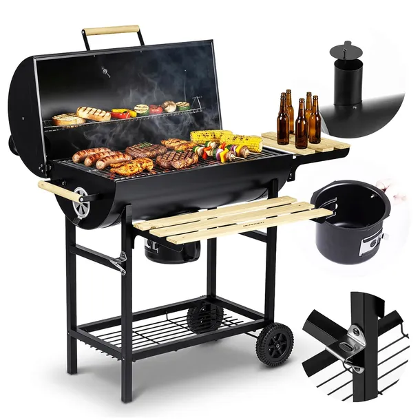 GRILL WĘGLOWY OGRODOWY BECZKA Z KOMINEM XXL PÓŁKI + TERMOMETR + POPIELNIK