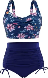 bikini-stroj-kapielowy-wysoki-stan-w-kwiaty-umipubo-granatowy-xl