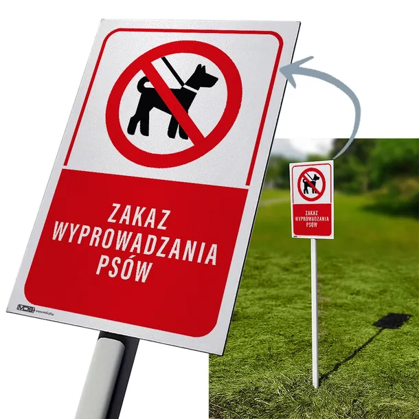 Tabliczka PVC na trawnik ZAKAZ WYPROWADZANIA PSÓW słupek 50 cm