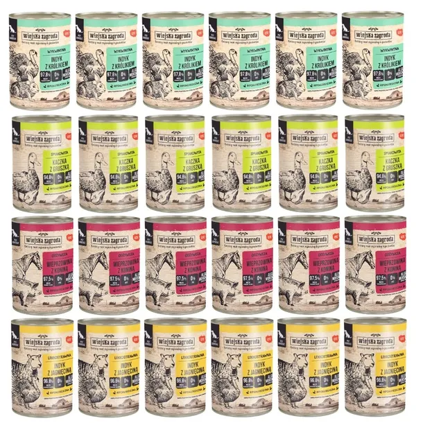 Wiejska Zagroda Mix Smaków 24x400g Karma Mokra dla Psa Wieprzowina Konina Indyk Jagnięcina Królik Kaczka