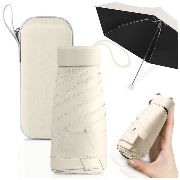 PARASOL MANUALNY BEŻOWY KIESZONKOWY MINI SKŁADANY KOMPAKTOWY MAŁY +ETUI