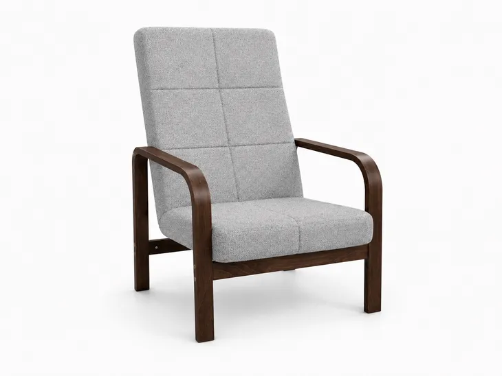 Fotel Finka Nordic Comfort wypoczynkowy salon drewno orzech materia szary BS