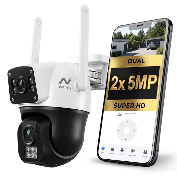 KAMERA IP ZEWNĘTRZNA WiFi 2x5MPx Obrotowa Podwójna Detekcja Alarm NETBERG