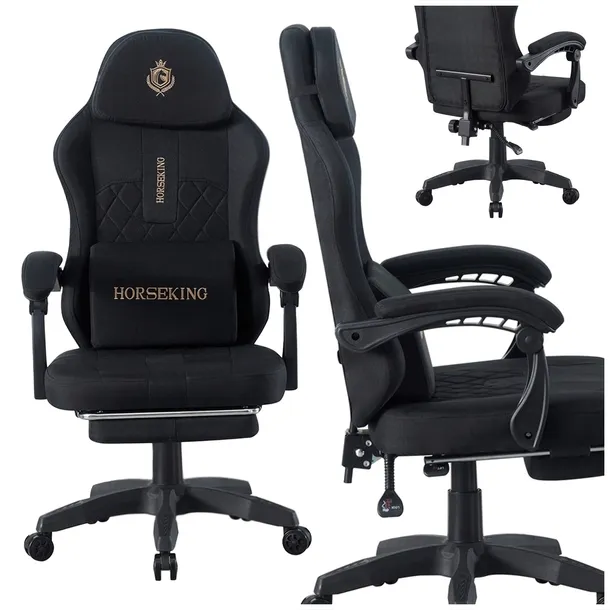 FOTEL GAMINGOWY TKANINA HORSEKING Z PODNÓŻKIEM OBROTOWY DO GRY CZARNY MS500