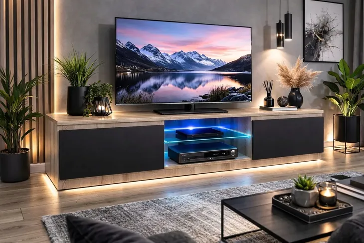 Szafka RTV 140cm Dąb Sonoma 140cm Czarny Front LED 18 mm Cichy Domyk