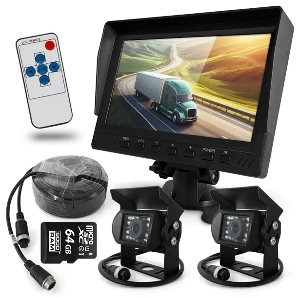 Zestaw Cofania Monitor 7" Rejestrator FHD 1080p 2 Kamery Kabel 15m SD 64GB