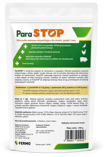 PARASTOP 250 g Naturalne Odrobaczanie Kur Gołębi Drobiu Pasożyty Wewnętrzne