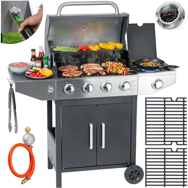 GRILL GAZOWY OGRODOWY ŻELIWNY RUSZT z POKRYWĄ MOCNY 4+1 PALNIKI TERMOMETR