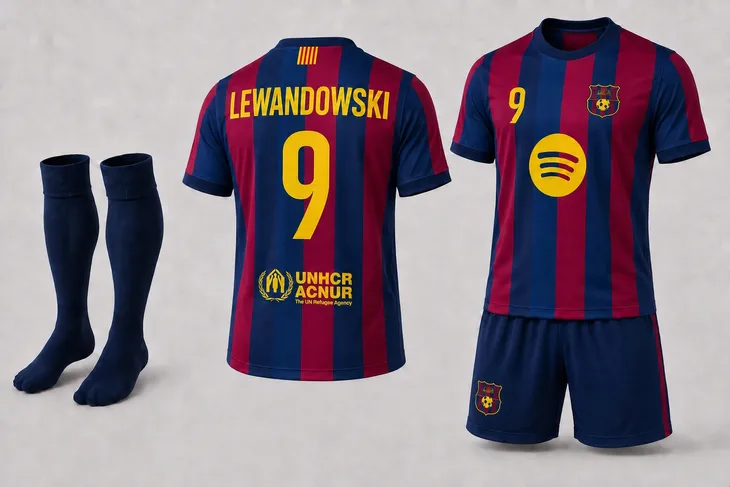 STRÓJ PIŁKARSKI - KOSZULKA SPODENKI GETRY - LEWANDOWSKI BARCELONA rozm. 140 cm