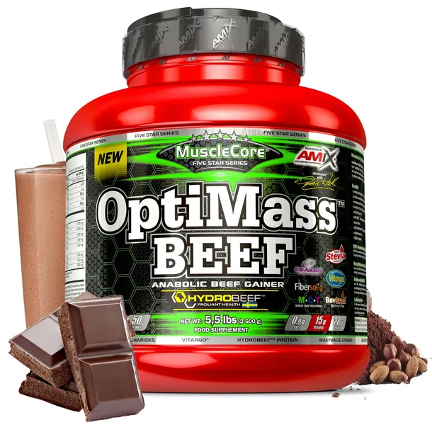 Amix OptiMass Beef Gainer 2500g 30 procent białka bez laktozy BCAA kreatyna