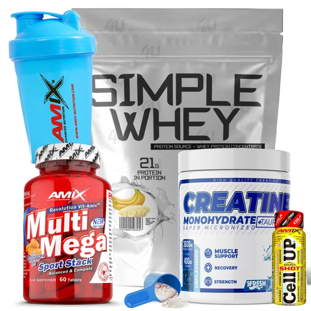 Zestaw białko WPC 700g banan kreatyna monohydrat 500g witaminy shaker 400ml