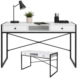 nowoczesne-biurko-industrialne-biale-2-szuflady-czarne-nogi-123-cm