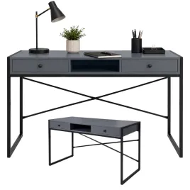 eleganckie-biurko-komputerowe-szare-123cm-nowoczesne-2-szuflady-czarne-nogi
