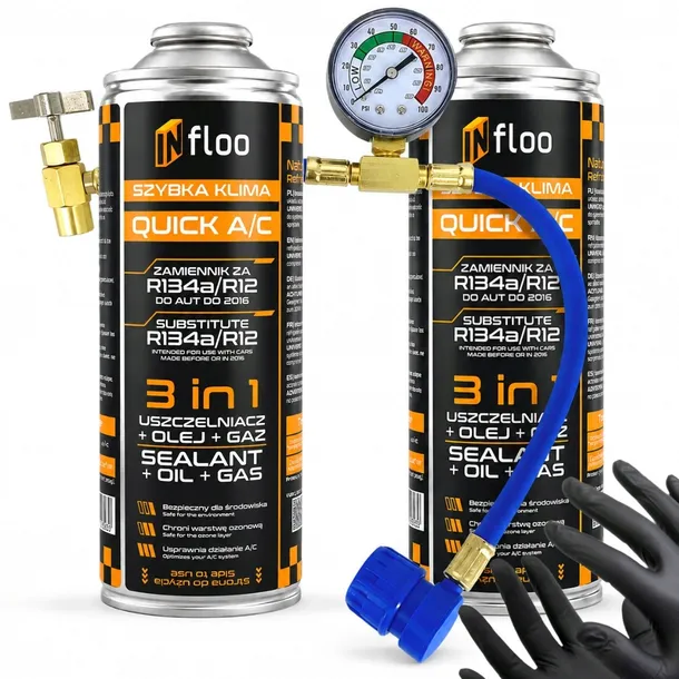 INfloo 2x Szybka Klima R134a Gaz Olej Uszczelniacz 3w1+PRZEWÓD Z MANOMETREM