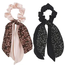 ocieplacz-gumka-do-wlosow-scrunchie-kokarda-kwiatowy-czarny-bezowy-2-sztuki